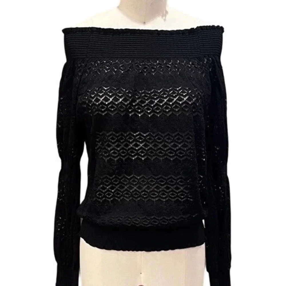 (B6) Zara Black Pointelle Lace Off the Shoulder Smocked‎ Knit Top Small NWT